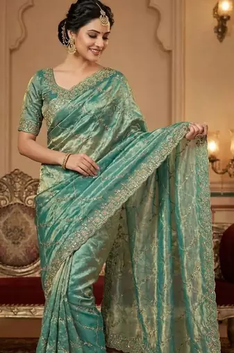 Sky Blue Color Sequence Embroidery Work With Cut Work Border art silk saree