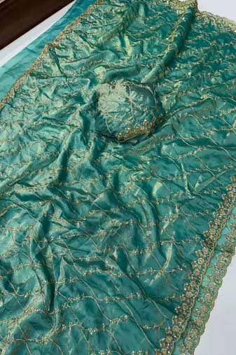 Sky Blue Color Sequence Embroidery Work With Cut Work Border art silk saree