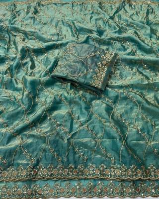 Sky Blue Color Sequence Embroidery Work With Cut Work Border art silk saree 5