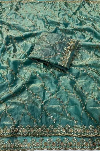 Sky Blue Color Sequence Embroidery Work With Cut Work Border art silk saree