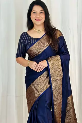  navy blue jacquard south silk fancy saree with unstitched blouse