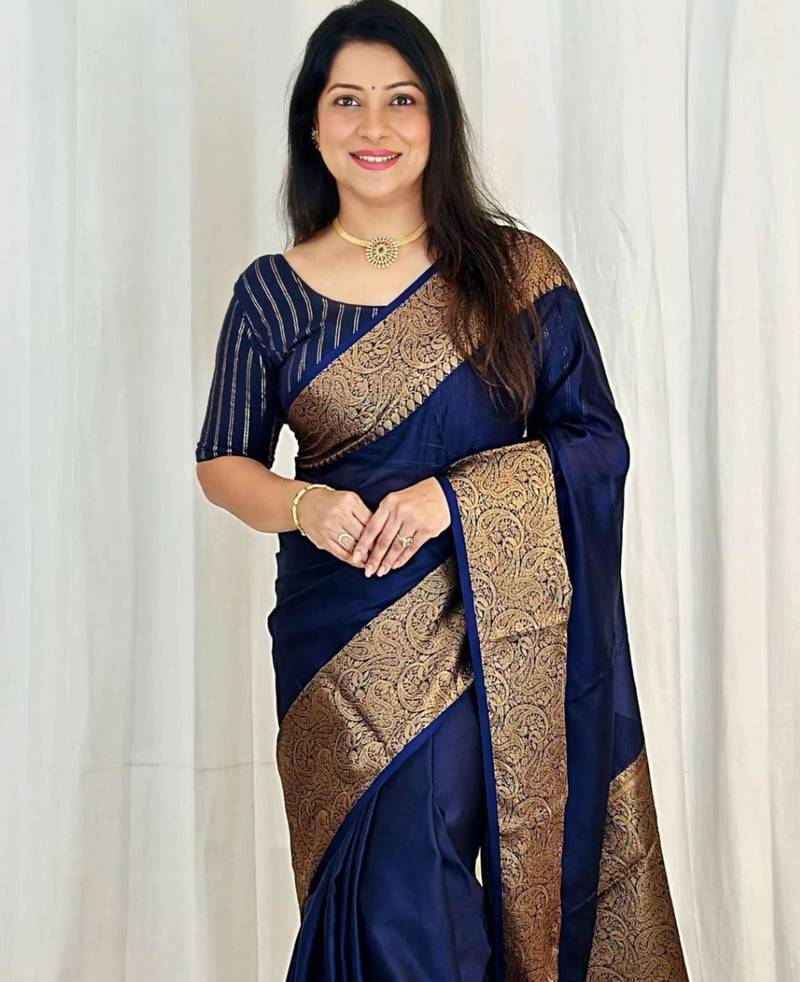 latest navy blue jacquard south silk fancy saree with unstitched blouse