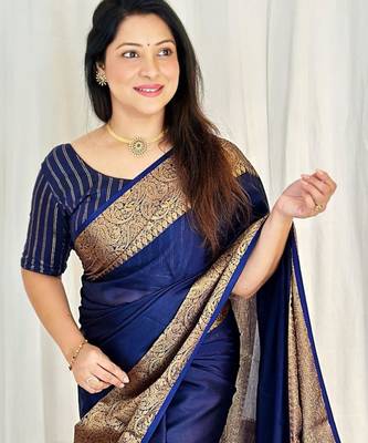  navy blue jacquard south silk fancy saree with unstitched blouse 3