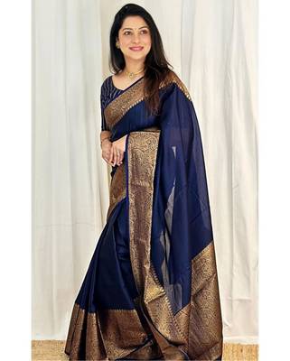  navy blue jacquard south silk fancy saree with unstitched blouse 4