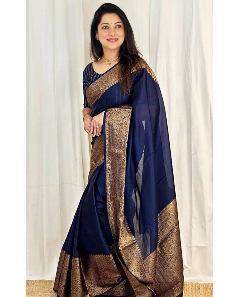 latest navy blue jacquard south silk fancy saree with unstitched blouse