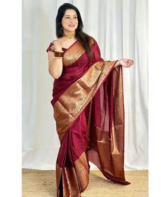 celebrity type maroon resham thread pure art silk gift saree with unstitched blouse 1
