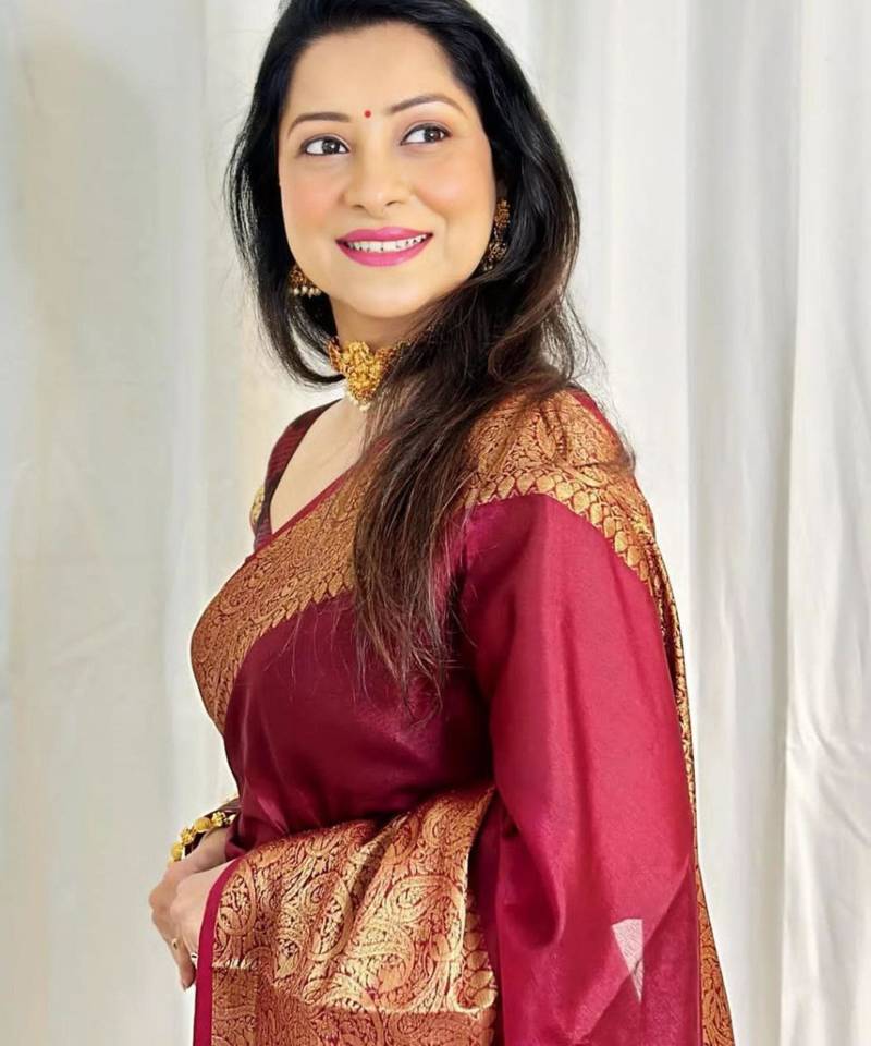 celebrity type maroon resham thread pure art silk gift saree with unstitched blouse