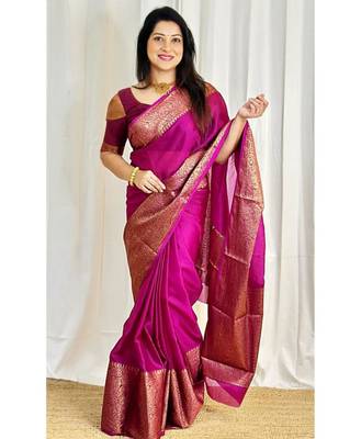 floral light rani pink banarasi art silk jacquard saree with unstitched blouse 1