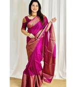 floral light rani pink banarasi art silk jacquard saree with unstitched blouse