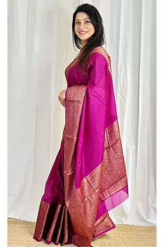 floral light rani pink banarasi art silk jacquard saree with unstitched blouse