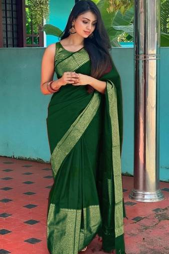 embellished green  self design cotton silk kerala saree with unstitched blouse