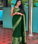 embellished green  self design cotton silk kerala saree with unstitched blouse