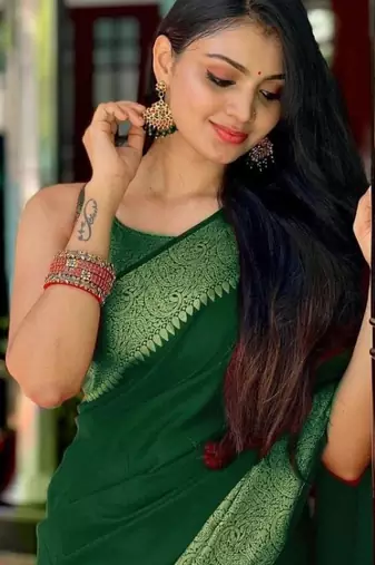 embellished green self design cotton silk kerala saree with unstitched blouse