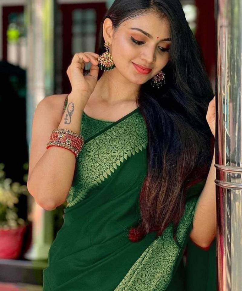 embellished green  self design cotton silk kerala saree with unstitched blouse