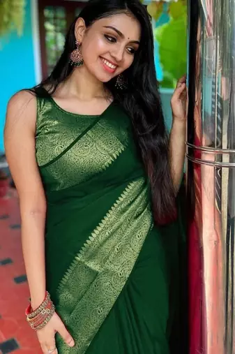 embellished green self design cotton silk kerala saree with unstitched blouse