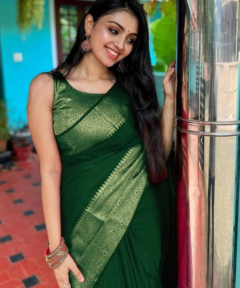 embellished green  self design cotton silk kerala saree with unstitched blouse