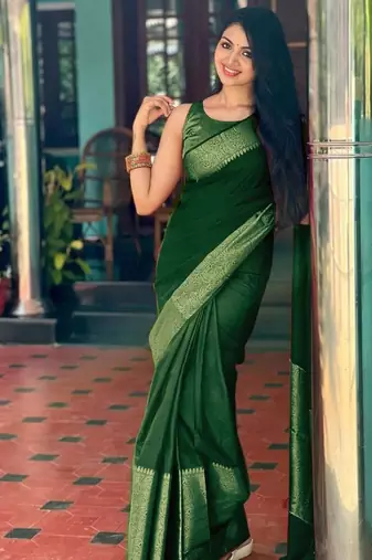 embellished green self design cotton silk kerala saree with unstitched blouse