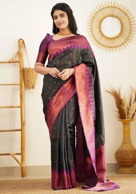  black jacquard art silk all seasons saree with unstitched blouse 1