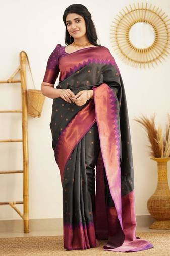 traditional black jacquard art silk all seasons saree with unstitched blouse