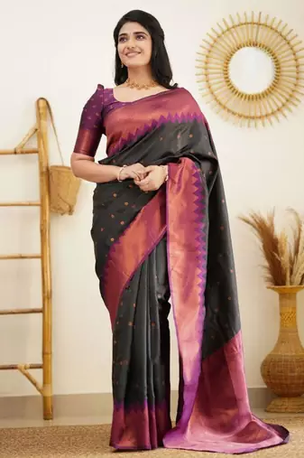  black jacquard art silk all seasons saree with unstitched blouse