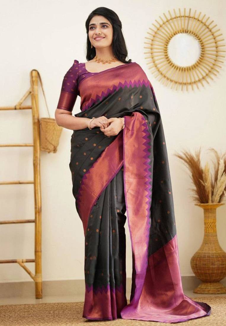 traditional black jacquard art silk all seasons saree with unstitched blouse