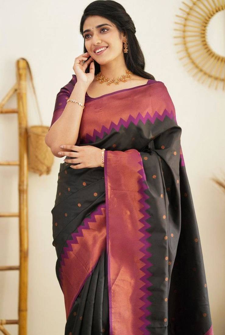 traditional black jacquard art silk all seasons saree with unstitched blouse