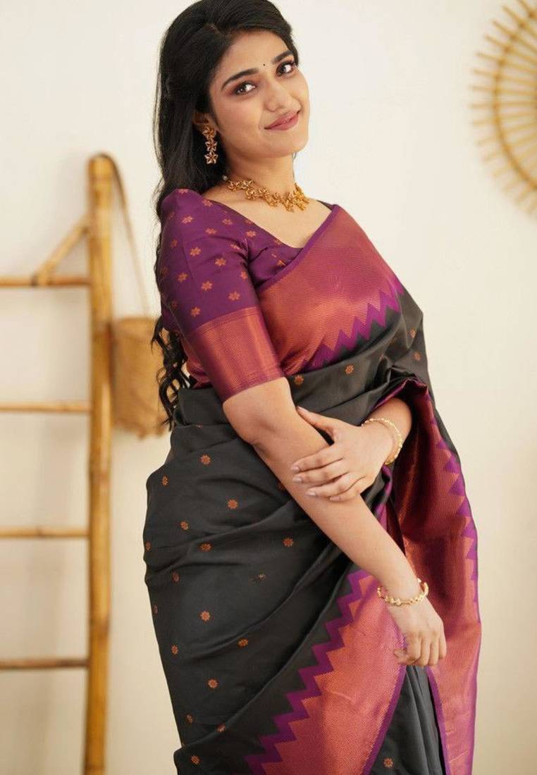 traditional black jacquard art silk all seasons saree with unstitched blouse