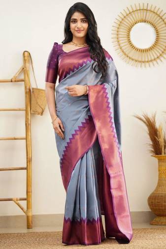 elegance grey banarasi south silk fancy saree with unstitched blouse