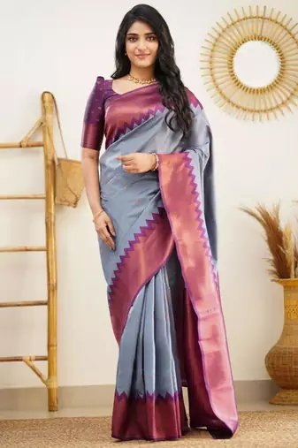 elegance grey banarasi south silk fancy saree with unstitched blouse