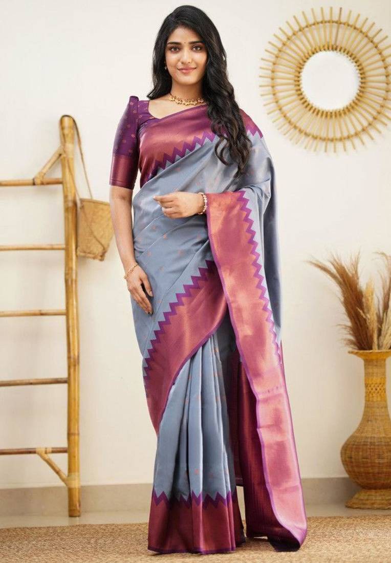 elegance grey banarasi south silk fancy saree with unstitched blouse