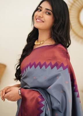 elegance grey banarasi south silk fancy saree with unstitched blouse 2