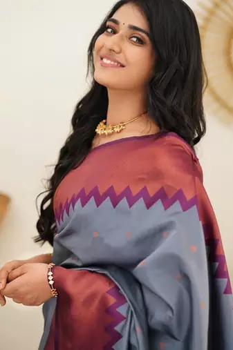 elegance grey banarasi south silk fancy saree with unstitched blouse