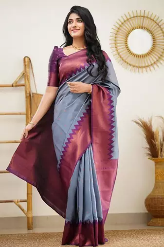 elegance grey banarasi south silk fancy saree with unstitched blouse