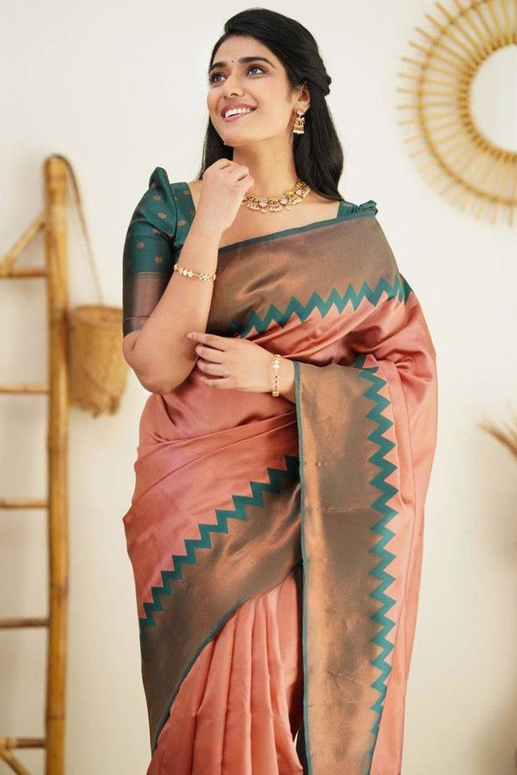 new collection peach  self design pure art silk gift saree with unstitched blouse