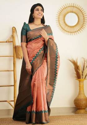  peach self design pure art silk gift saree with unstitched blouse 3