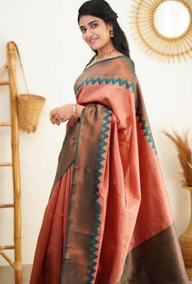  peach self design pure art silk gift saree with unstitched blouse 4