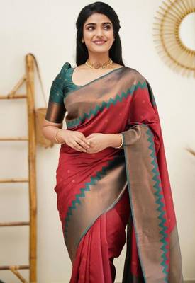  jacquard red self design art silk fancy saree with unstitched blouse 2