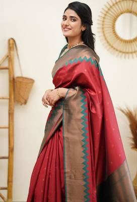  jacquard red self design art silk fancy saree with unstitched blouse 3