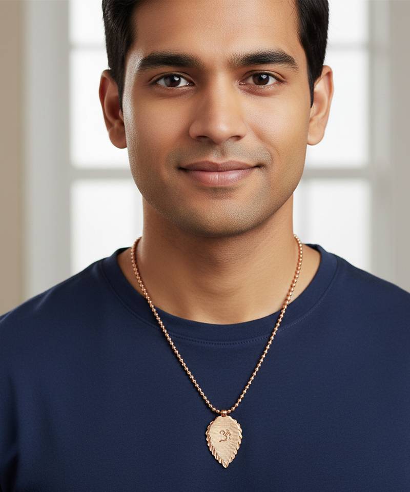 Pure copper light weight leaf design om pendant for men women