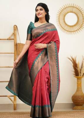  jacquard red self design art silk fancy saree with unstitched blouse 4