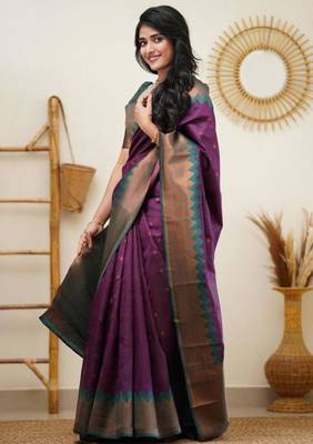 celebrity inspired wine woven cotton silk kerala saree with unstitched blouse 3