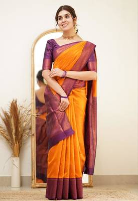 kanjivaram gold resham thread pure art silk blend multicolor saree with unstitched blouse 2