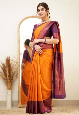 kanjivaram gold resham thread pure art silk blend multicolor saree with unstitched blouse 4