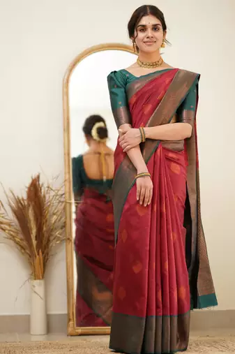 designer red banarasi art silk all seasons saree with unstitched blouse