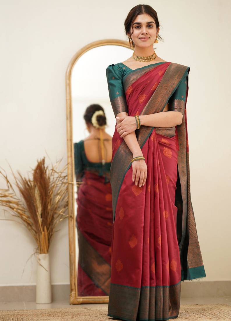 designer red banarasi art silk all seasons saree with unstitched blouse