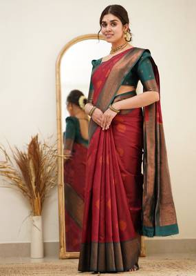  red banarasi art silk all seasons saree with unstitched blouse 2