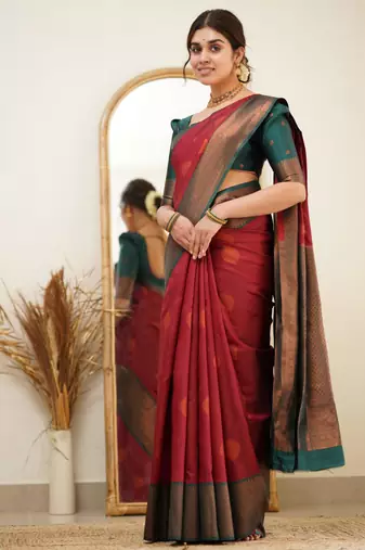  red banarasi art silk all seasons saree with unstitched blouse