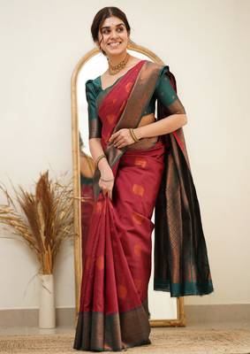  red banarasi art silk all seasons saree with unstitched blouse 3