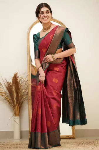  red banarasi art silk all seasons saree with unstitched blouse