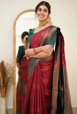  red banarasi art silk all seasons saree with unstitched blouse 4
